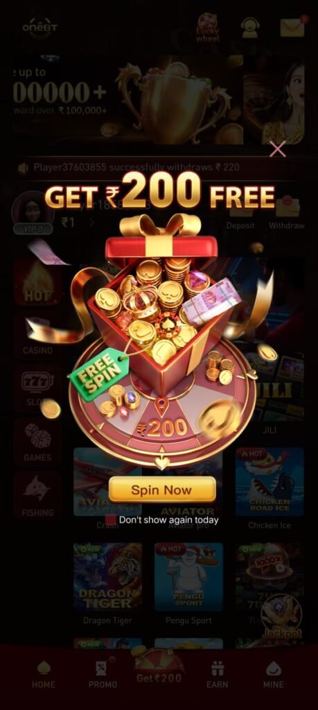 OneBT game welcome offer screen showing ₹200 free spin in onebt app