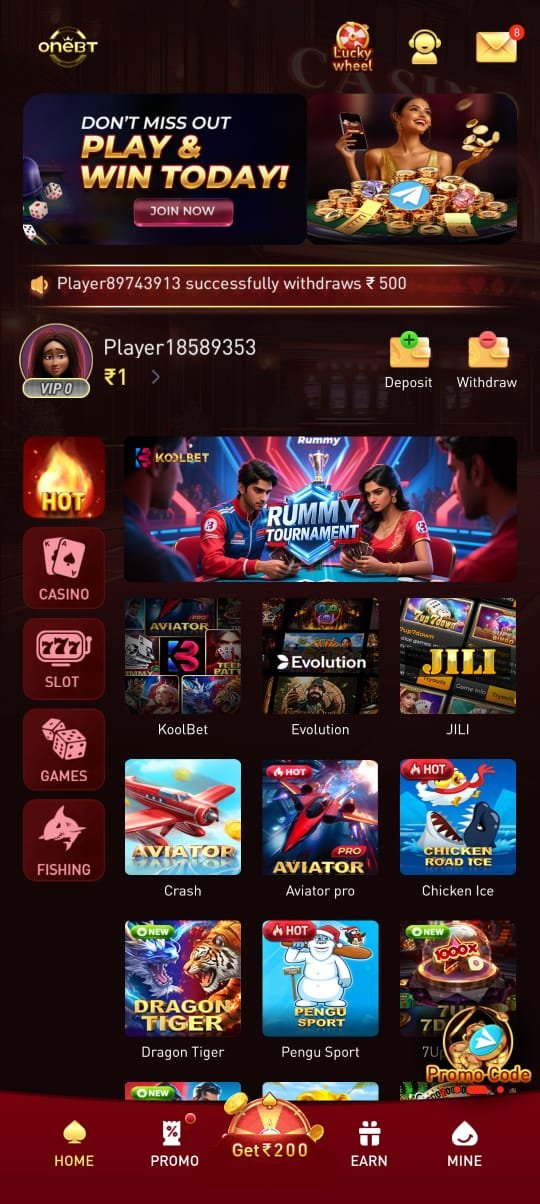 OneBT app home screen with casino games after onebt login