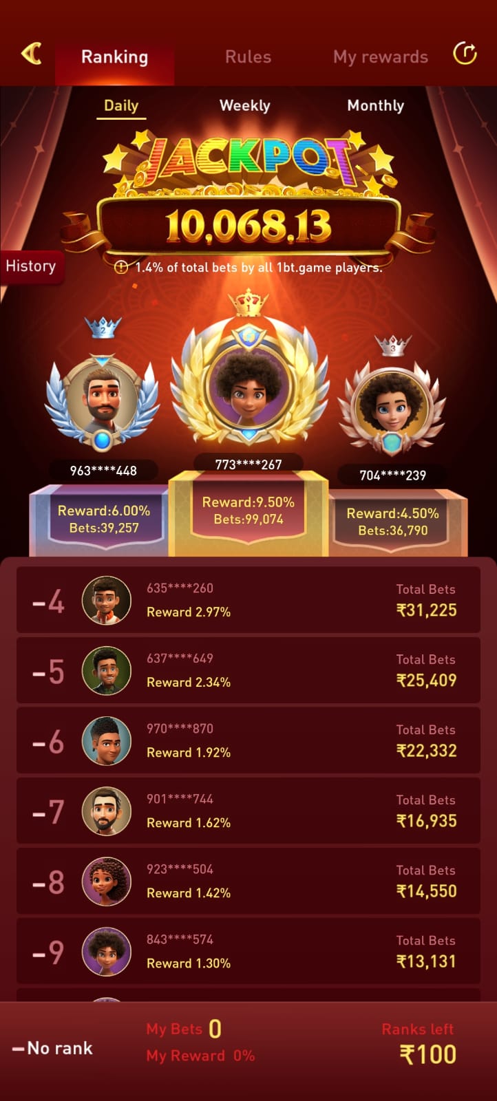 OneBT Game jackpot ranking leaderboard displaying player rewards, betting rankings, and daily jackpot prizes.