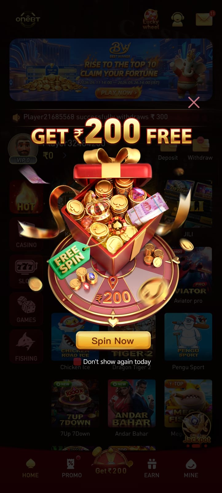 OneBT Game home screen featuring casino games, Aviator, slots, fishing games, promotions, deposit and withdrawal options.