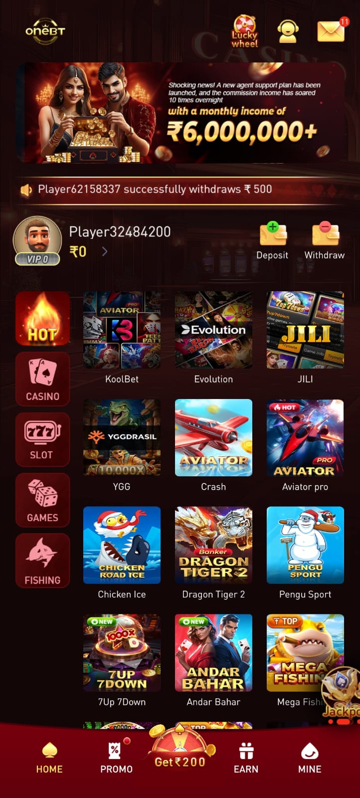 OneBT Game home screen featuring casino games, Aviator, slots, fishing games, promotions, deposit and withdrawal options.